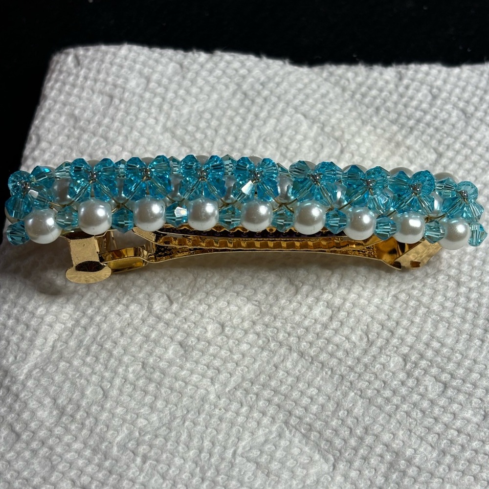 Handmade barrette white pearls and blue crystals 3 inches